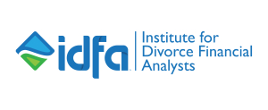Logo of the Institute for Divorce Financial Analysts (IDFA) featuring a blue and green abstract design on the left, followed by the text “idfa” and “Institute for Divorce Financial Analysts” in blue.
