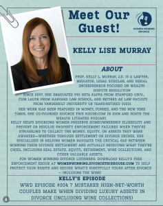 Promotional flyer featuring guest Kelly Lise Murray, J.D., with information about her background, expertise in divorce law, and details of her podcast episode appearance.